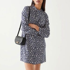 & Other Stories Fruit Printed Navy Blue Scarf Collar Buttoned Mini Dress